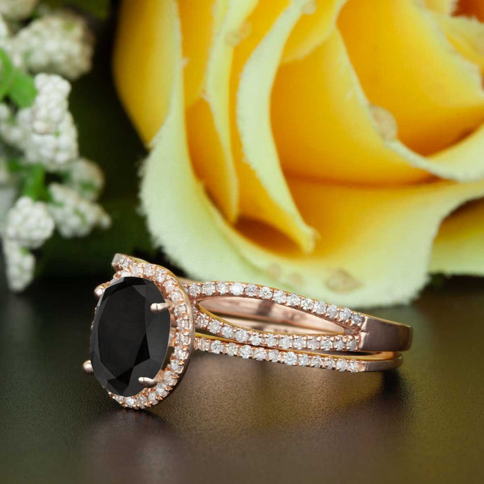 2 Carat Oval Cut Black Diamond and Diamond Wedding Ring Set in Rose Gold Dazzling Ring