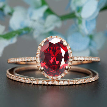 1.5 Carat Oval Cut Ruby and Diamond Wedding Ring Set in 9k Rose Gold Dazzling Ring