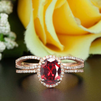 2 Carat Oval Cut Ruby and Diamond Wedding Ring Set in 9k Rose Gold Dazzling Ring