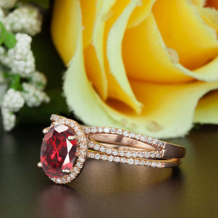 2 Carat Oval Cut Ruby and Diamond Wedding Ring Set in 9k Rose Gold Dazzling Ring