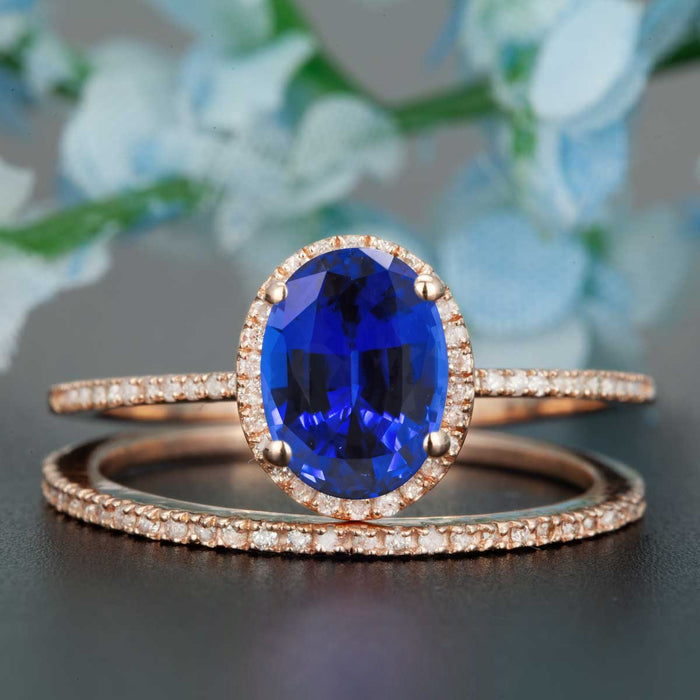 1.50 Carat Oval Cut Sapphire and Diamond Wedding Ring Set in Rose Gold Dazzling Ring