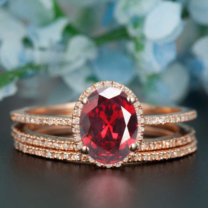 2 Carat Oval Cut Ruby and Diamond Trio Wedding Ring Set in 9k Rose Gold Dazzling Ring