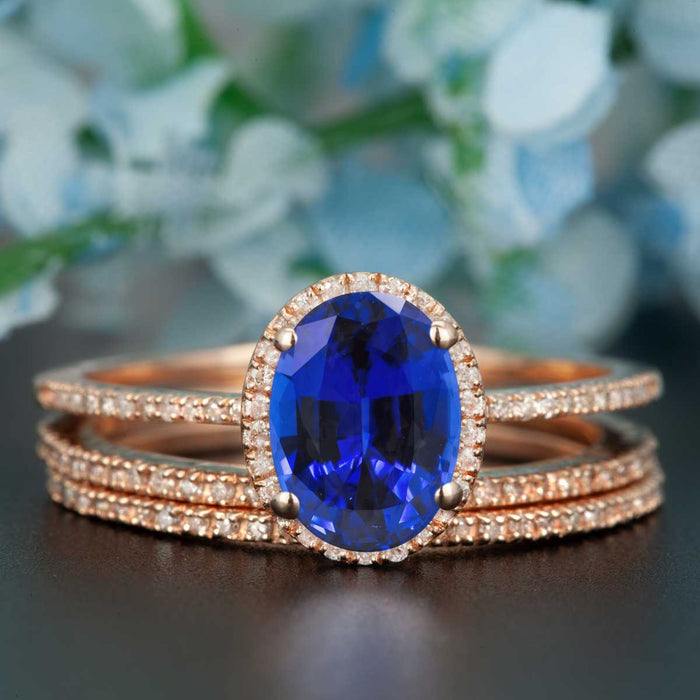 2 Carat Oval Cut Sapphire and Diamond Trio Wedding Ring Set in Rose Gold Dazzling Ring
