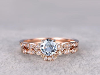 Unique 1.50 Carat Round cut Aquamarine and Diamond Wedding Ring Set in Rose Gold