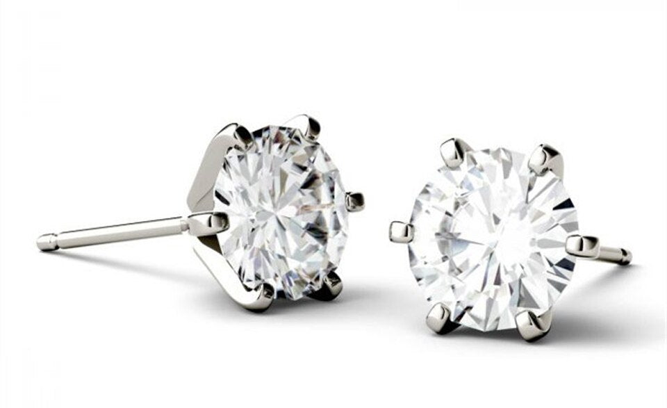6 Prong 2 Carat Round Cut Moissanite Classic Stud Earrings in White Gold