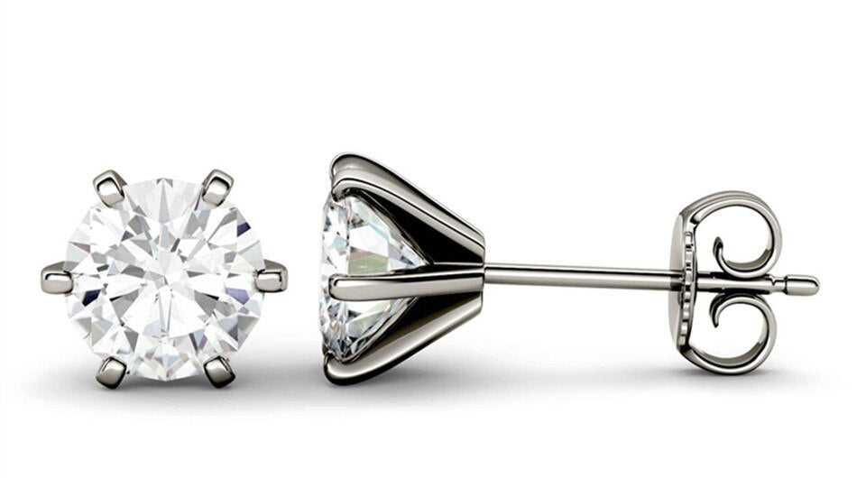 6 Prong 2 Carat Round Cut Moissanite Classic Stud Earrings in White Gold