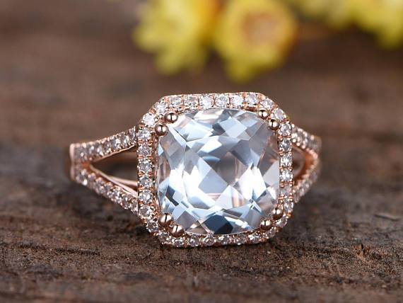Perfect 1.50 Carat Princess Cut Aquamarine and Diamond Split Shank Engagement Ring in Rose Gold