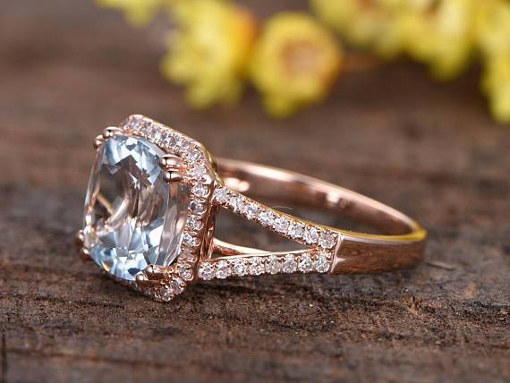 Perfect 1.50 Carat Princess Cut Aquamarine and Diamond Split Shank Engagement Ring in Rose Gold
