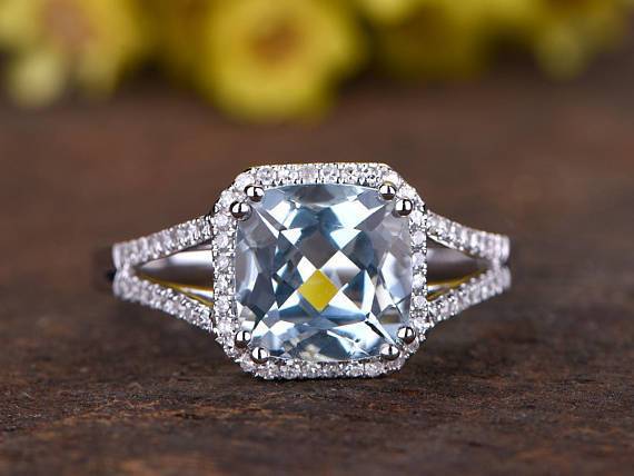 Perfect 1.50 Carat Princess Cut Aquamarine and Diamond Split Shank Engagement Ring in White Gold