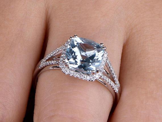 Perfect 1.50 Carat Princess Cut Aquamarine and Diamond Split Shank Engagement Ring in White Gold