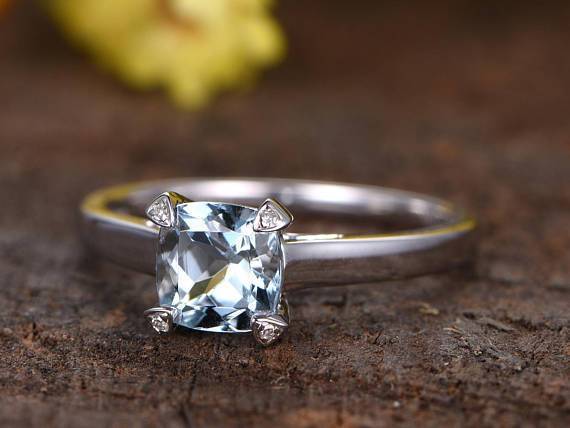 1 Carat Cushion Cut Solitaire Aquamarine Engagement Ring in White Gold