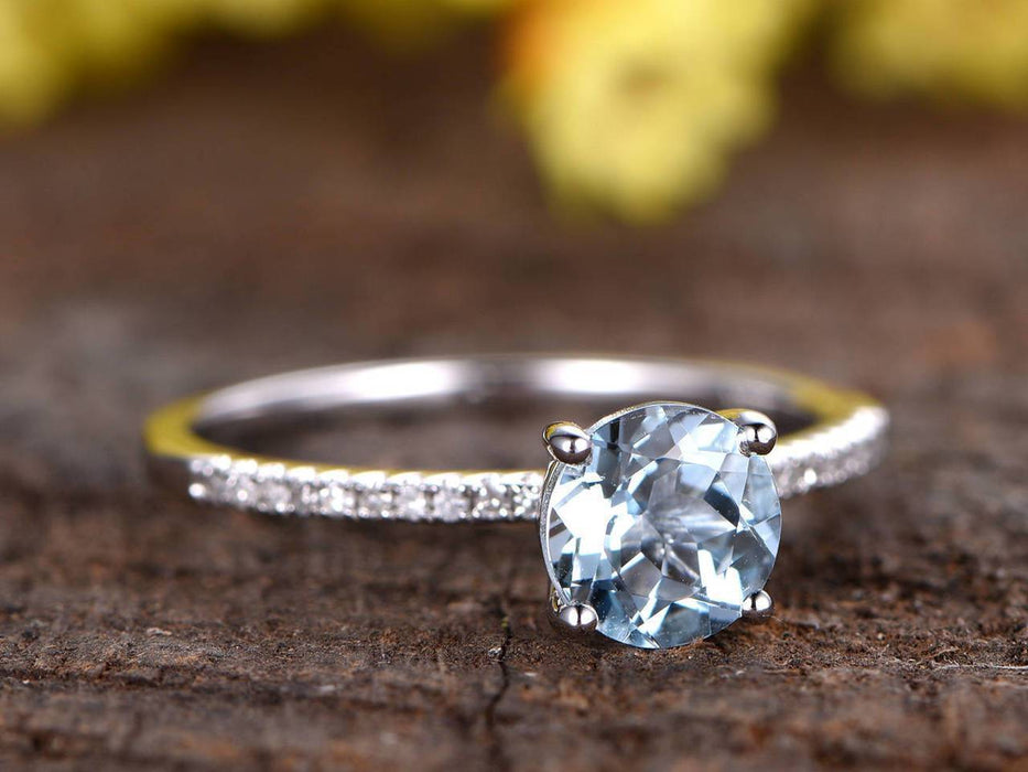 1.25 Carat Round Cut Aquamarine and Diamond Engagement Ring in White Gold