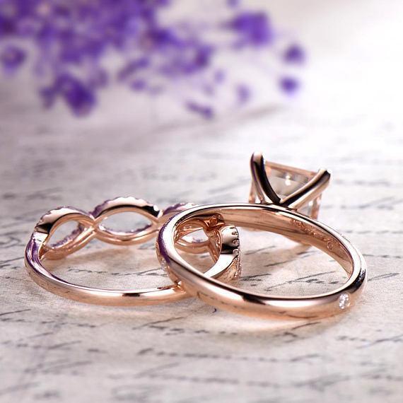 2 Carat Infinity Design Morganite and Diamond Bridal Ring Set in Rose Gold