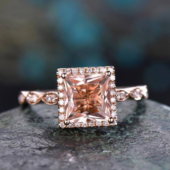 Bestselling 1.50 Carat Princess Cut Morganite and Diamond Art Deco Engagement Ring in Rose Gold