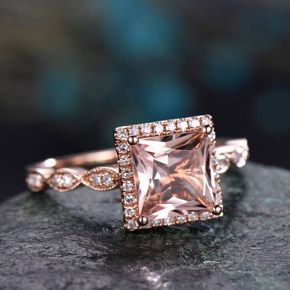 Bestselling 1.50 Carat Princess Cut Morganite and Diamond Art Deco Engagement Ring in Rose Gold