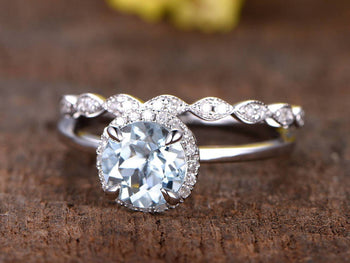 1.50 Carat antique Round Cut Aquamarine and Diamond Halo Engagement Ring Set in White Gold