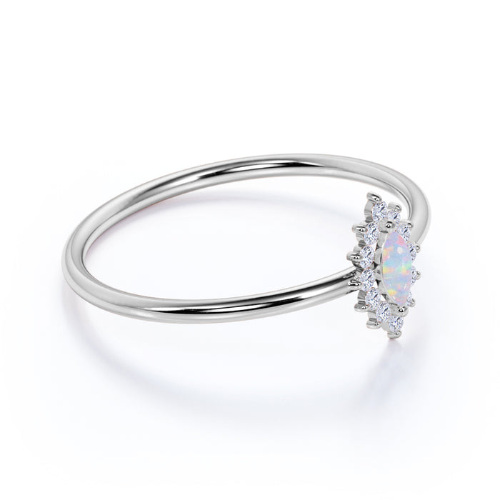 Classic Halo Set Marquise Cut Opal Stacking Ring in White Gold