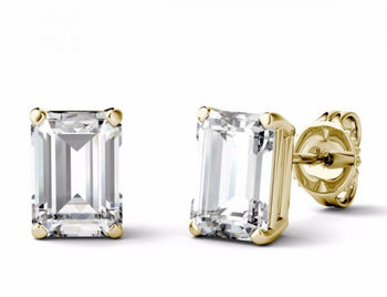 Minimalist 4 Prong 2 Carat Emerald Cut Moissanite Stud Earrings in Yellow Gold