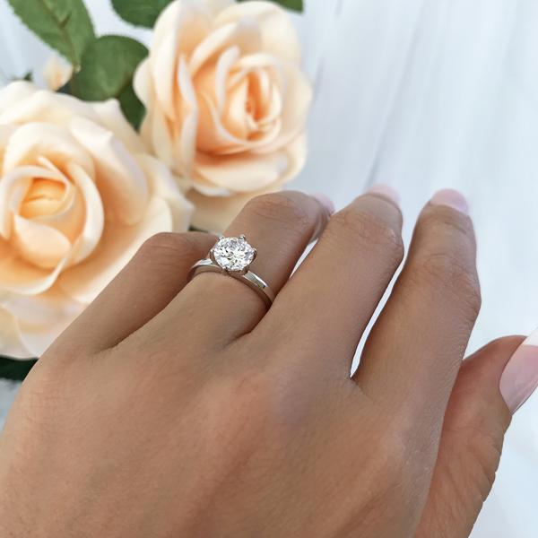 Six Prongs 1 Carat Round Cut Stacking Solitaire Engagement Ring in White Gold over Sterling Silver