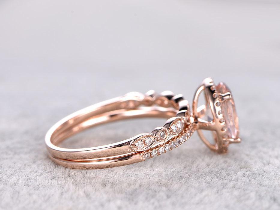 Oval Cut 2 Carat Morganite and Diamond Wedding Ring Set in Rose Gold