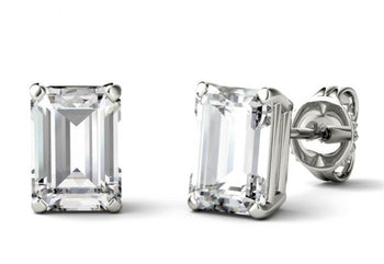 Minimalist 4 Prong 2 Carat Emerald Cut Moissanite Stud Earrings in White Gold