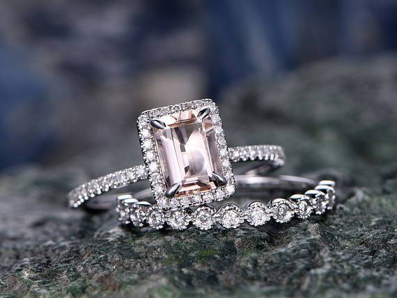 Antique 2 Carat Emerald Cut Morganite and Diamond Halo Bridal Ring Set in White Gold