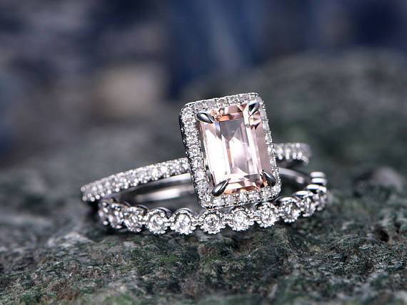 Antique 2 Carat Emerald Cut Morganite and Diamond Halo Bridal Ring Set in White Gold