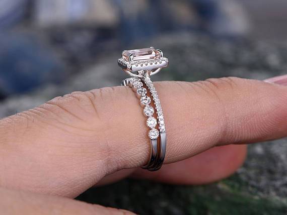 Antique 2 Carat Emerald Cut Morganite and Diamond Halo Bridal Ring Set in White Gold