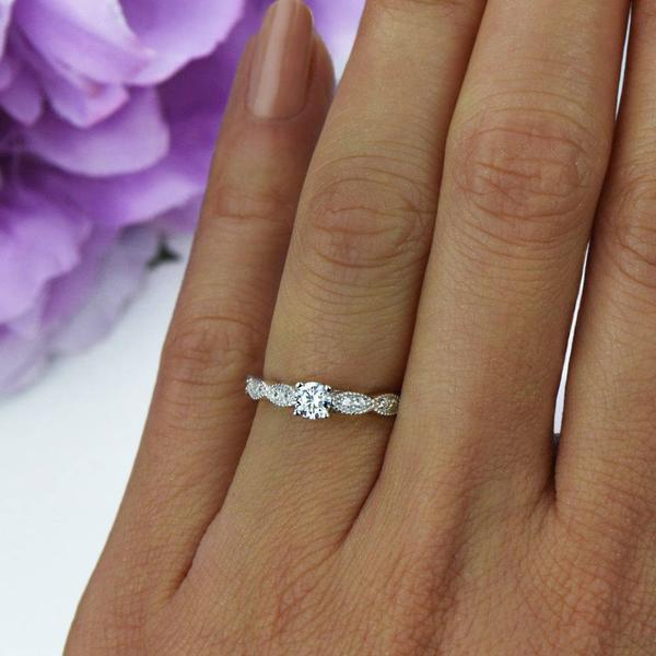 Minimal 0.5 Carat Round Cut Wide Art Deco Solitaire Engagement Ring in White Gold over Sterling Silver