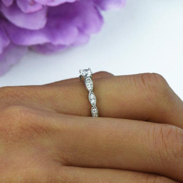 Minimal 0.5 Carat Round Cut Wide Art Deco Solitaire Engagement Ring in White Gold over Sterling Silver