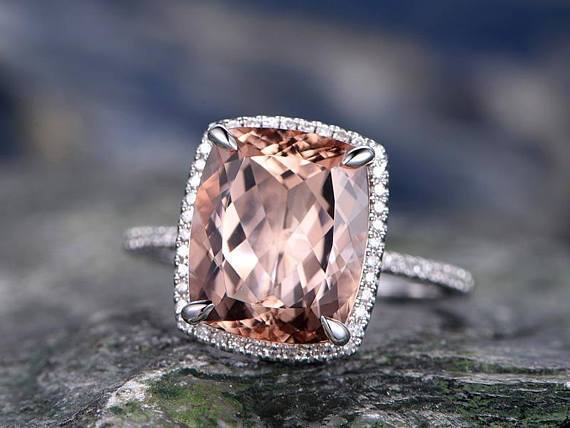 1.50 Carat Emerald Cut Morganite and Diamond Engagement Ring in White Gold