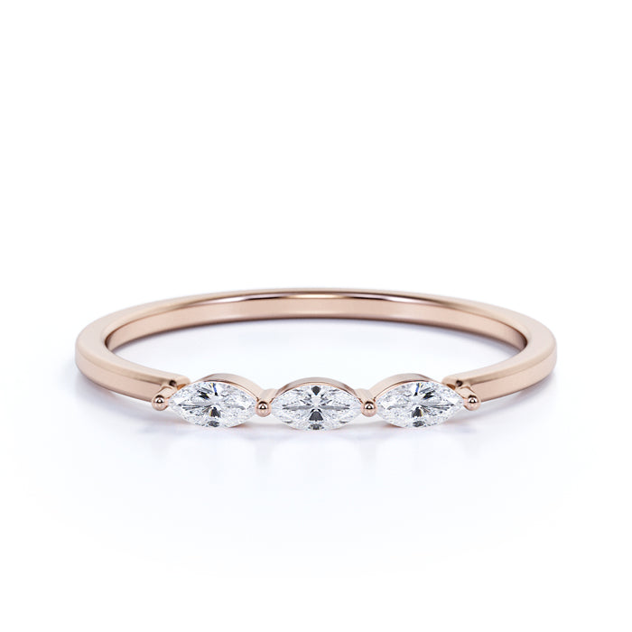 Dainty Marquise Cut Diamond Trio Stackable Wedding Ring Band in Rose Gold