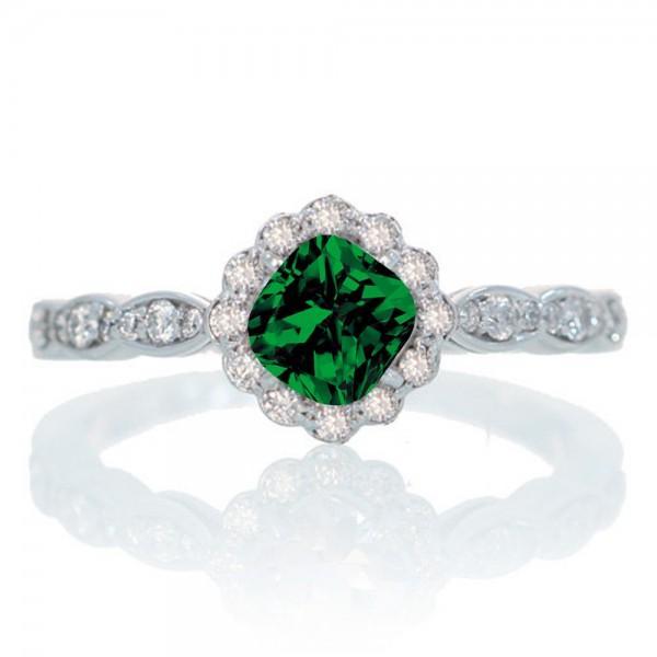 1.25 Carat Cushion Cut Classic Flower Design Antique Emerald and Diamond Engagement Ring