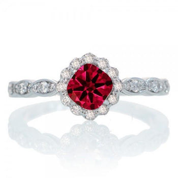 1.25 Carat Cushion Cut Classic Flower Design Antique Ruby and Diamond Engagement Ring