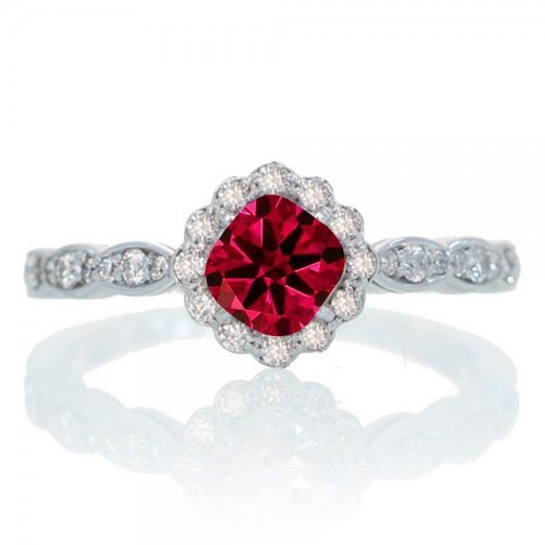 1.25 Carat Cushion Cut Classic Flower Design Antique Ruby and Diamond Engagement Ring