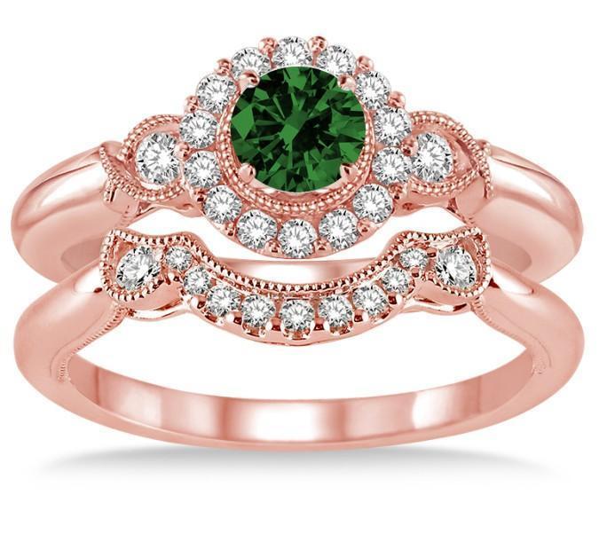 1.25 Carat Emerald & Diamond Antique Three Stone Flower Halo Bridal Set on 9k Rose Gold