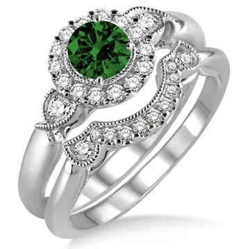 1.25 Carat Emerald & Diamond Antique Three Stone Flower Halo Bridal Set on White Gold