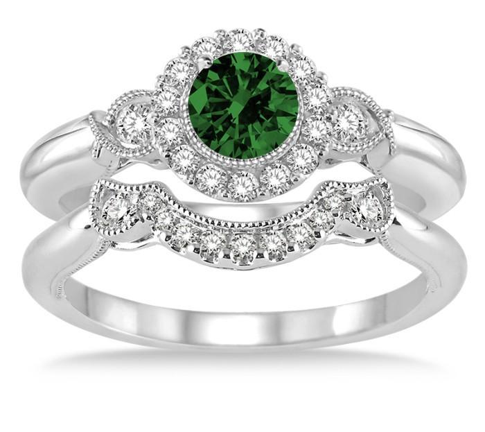 1.25 Carat Emerald & Diamond Antique Three Stone Flower Halo Bridal Set on White Gold