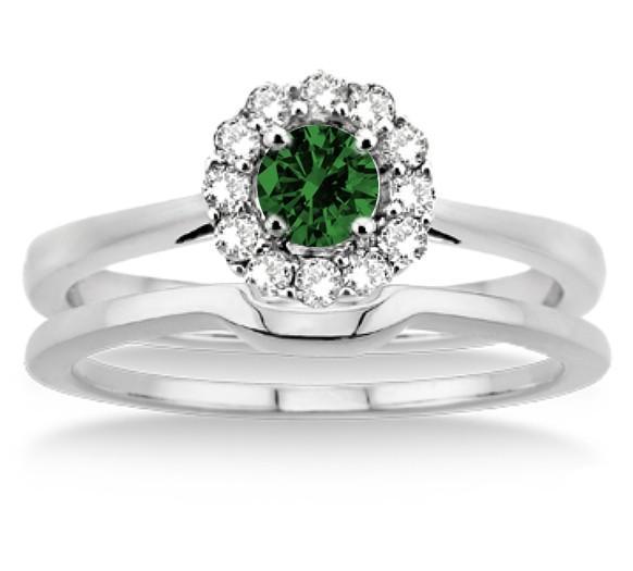 1.25 Carat Emerald & Diamond Bridal set Halo on White Gold
