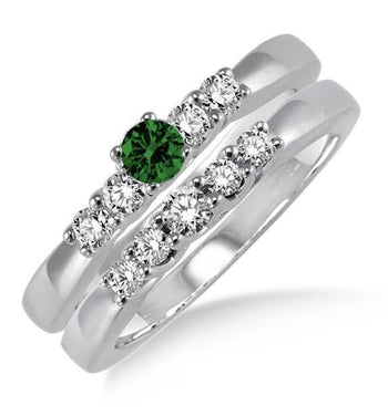 1.25 Carat Emerald & Diamond Three Stone Bridal Set on 9k White Gold