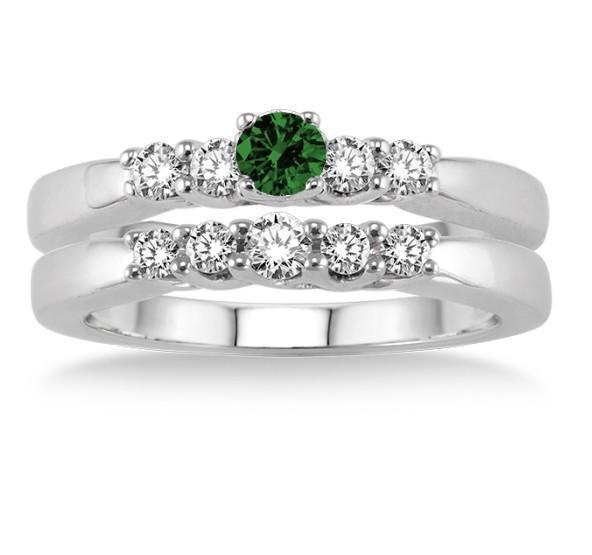1.25 Carat Emerald & Diamond Elegant 5 stone Bridal Set on 9k White Gold