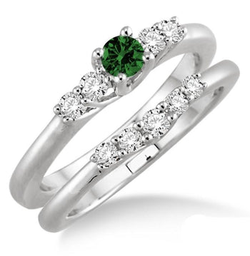 1.25 Carat Emerald & Diamond Inexpensive Bridal Set on White Gold