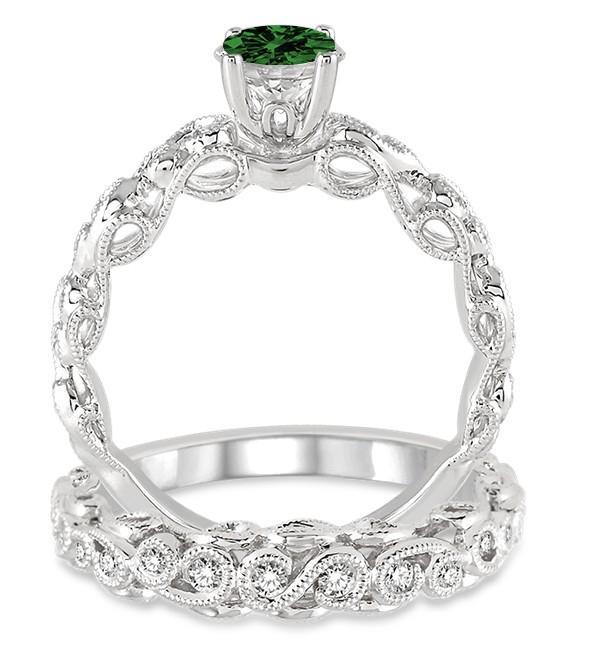 1.25 Carat Emerald & Diamond Infinity Antique Bridal set round cut diamond on White Gold