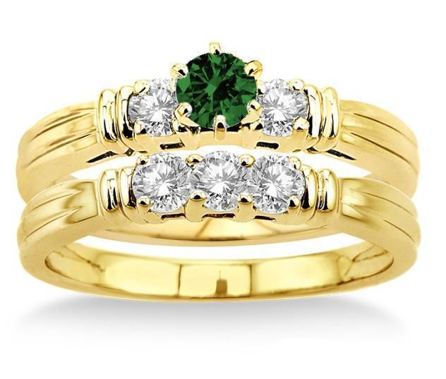 1.25 Carat Emerald & Diamond Three Stone Bridal Set on 9k Yellow Gold