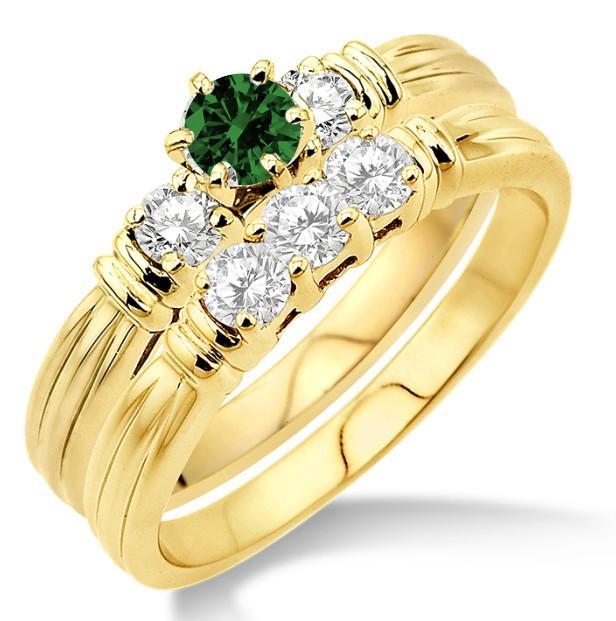 1.25 Carat Emerald & Diamond Three Stone Bridal Set on Yellow Gold