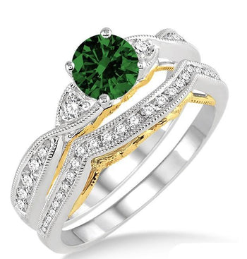 1.25 Carat Emerald & Diamond two tone bridal set round cut diamond on White Gold