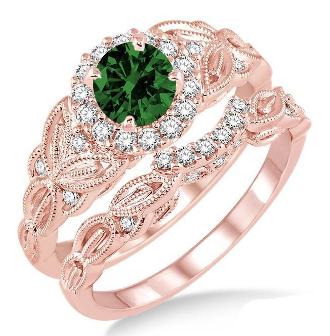 1.25 Carat Emerald & Diamond Vintage Floral Bridal Set Engagement Ring on Rose Gold