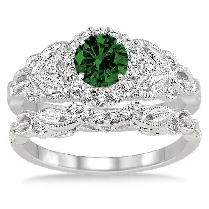 1.25 Carat Emerald & Diamond Vintage floral Bridal Set Engagement Ring on 9k White Gold