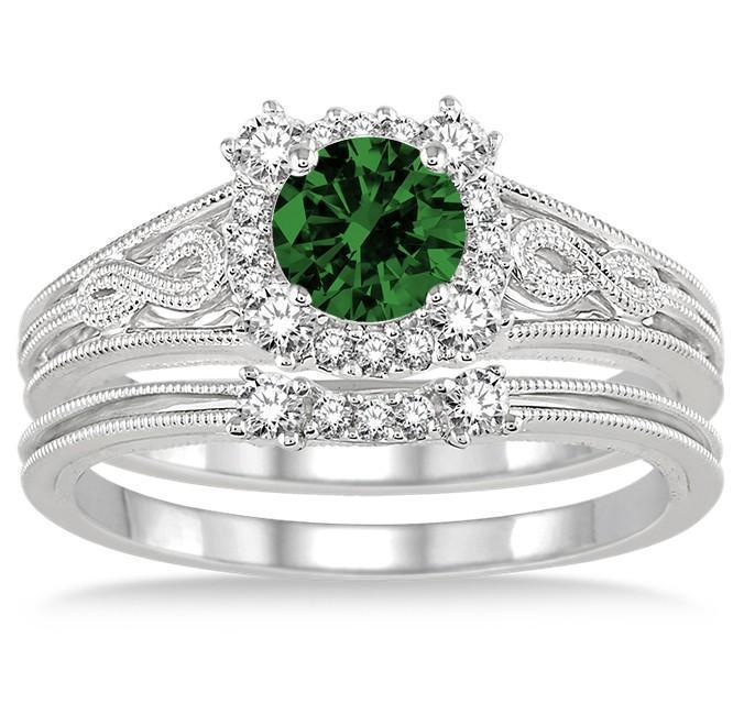 1.25 Carat Emerald & Diamond Vintage halo floral Bridal Set Engagement Ring on 9k White Gold