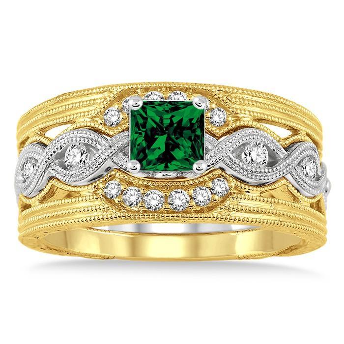 1.25 Carat Emerald & Diamond Vintage Trio Bridal Set Engagement Ring on White Gold